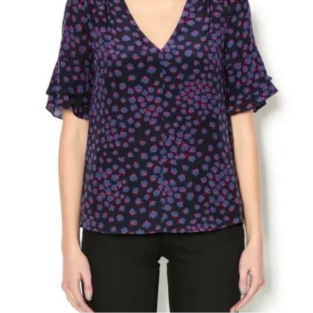 Rebecca Taylor V-Neck Floral Short Sleeve Flowy Blouse Size 6